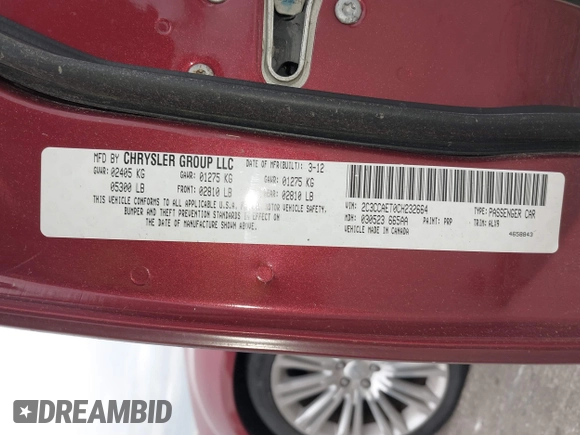 2012 Chrysler 300 with VIN 2C3CCAET0CH232664, listed as a IAAI auction lot 41992955 with 81,789 mi miles. Bid and sale history available at carsss.com. Image 9.
