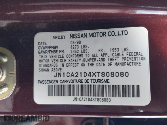 1999 Nissan Maxima GXE с VIN JN1CA21D4XT808080, выставлен на аукционе IAAI как лот 41948367 с пробегом 150 865 миль миль и . История ставок и продаж доступна на DreamBid. Изображение 9.