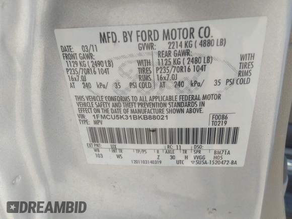 2011 Ford Escape Hybrid с VIN 1FMCU5K31BKB88021, выставлен на аукционе IAAI как лот 32960978 с пробегом 178 017 миль миль и . История ставок и продаж доступна на DreamBid. Изображение 9.