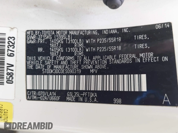 2014 Toyota Sienna Ltd with VIN 5TDDK3DC0ES090319, listed as a IAAI auction lot 41778096 with 171,953 mi miles. Bid and sale history available at carsss.com. Image 9.