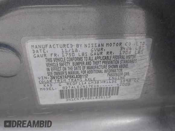 2019 Nissan Versa SV z VIN 3N1CN7AP8KL838112, wystawiony jako IAAI lot #41930746 z przebiegiem 27 404 mil mil oraz . Historia ofert i sprzedaży dostępna na DreamBid. Obrazek 9.