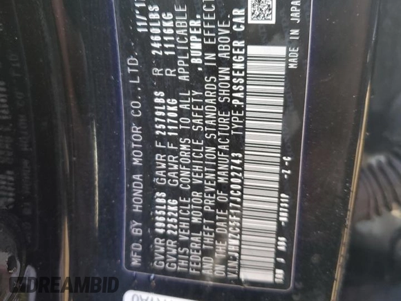 2018 Honda Clarity Plug-In Hybrid with VIN JHMZC5F17JC002743, listed as a Copart auction lot 69611544 with 0 mi miles and Salvage Title. Bid and sale history available at carsss.com. Image 13.