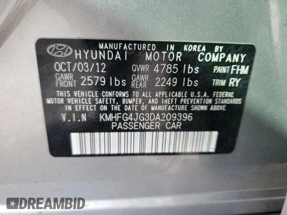 2013 Hyundai Azera z VIN KMHFG4JG3DA209396, wystawiony jako Copart lot #55789595 z przebiegiem 154 665 mil mil oraz Szkoda całkowita • Salvage title. Historia ofert i sprzedaży dostępna na DreamBid. Obrazek 12.