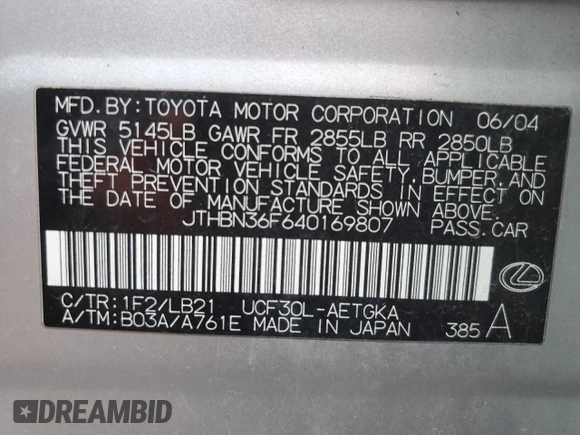 2004 Lexus LS 430 with VIN JTHBN36F640169807, listed as a Copart auction lot 47526795 with 123,163 mi miles and Salvage Title. Bid and sale history available at carsss.com. Image 12.