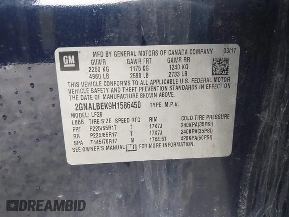 2017 Chevrolet Equinox LS with VIN 2GNALBEK9H1586450, listed as a IAAI auction lot 41938530 with 116,119 mi miles and . Bid and sale history available at DreamBid. Image 9.