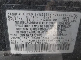 2019 Nissan Sentra SR with VIN 3N1AB7AP3KY310870, listed as a IAAI auction lot 41738748 with 113,168 mi miles and . Bid and sale history available at DreamBid. Image 9.