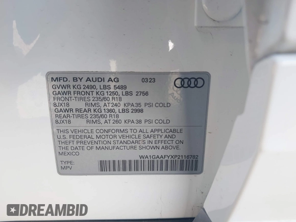 2023 Audi Q5 S line Premium with VIN WA1GAAFYXP2116782, listed as a IAAI auction lot 41178113 with 15,894 mi miles. Bid and sale history available at carsss.com. Image 9.
