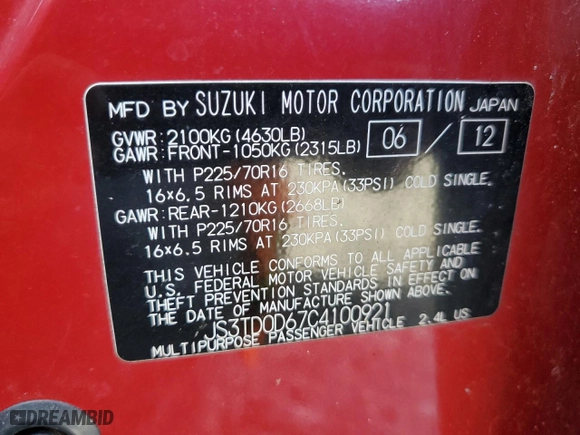 2012 Suzuki Grand Vitara Premium with VIN JS3TD0D67C4100921, listed as a Copart auction lot 87691815 with 95,629 mi miles and Clean Title. Bid and sale history available at carsss.com. Image 13.