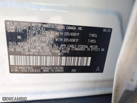 2020 Toyota RAV4 LE with VIN 2T3H1RFV4LC068116, listed as a IAAI auction lot 41808228 with 81,870 mi miles. Bid and sale history available at carsss.com. Image 9.