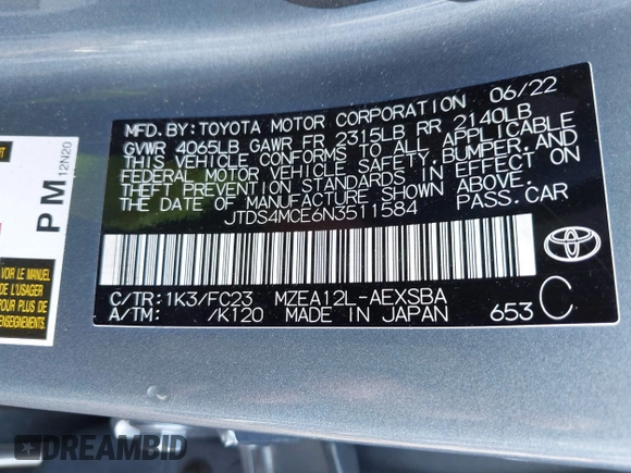2022 Toyota Corolla SE with VIN JTDS4MCE6N3511584, listed as a IAAI auction lot 41581139 with 85,595 mi miles. Bid and sale history available at carsss.com. Image 9.