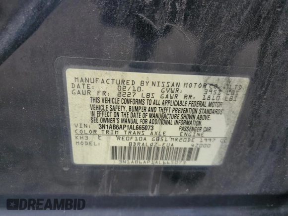 2010 Nissan Sentra 2.0 with VIN 3N1AB6AP1AL665073, listed as a Copart auction lot 61091615 with 149,596 mi miles and Salvage title. Bid and sale history available at DreamBid. Image 12.