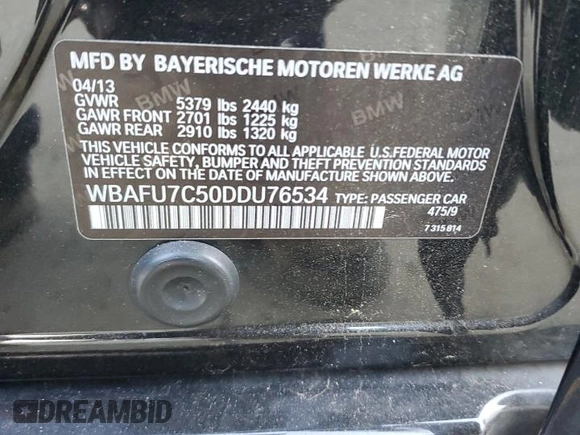 2013 BMW 5 Series 535i xDrive with VIN WBAFU7C50DDU76534, listed as a Copart auction lot 76589564 with Not Provided miles and Salvage Title. Bid and sale history available at carsss.com. Image 12.