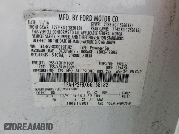 2016 Ford Taurus Limited with VIN 1FAHP2F8XGG158182, listed as a Copart auction lot 48934245 with Not Provided miles and Salvage Title. Bid and sale history available at DreamBid. Image 12.