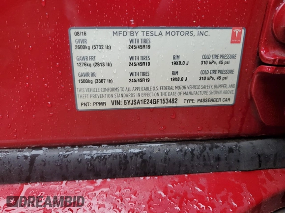 2016 Tesla Model S 90D with VIN 5YJSA1E24GF153482, listed as a Copart auction lot 52727105 with 91,396 mi miles and Salvage Title. Bid and sale history available at DreamBid. Image 12.