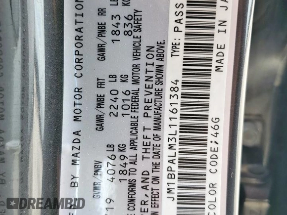 2020 Mazda 3 with VIN JM1BPALM3L1161384, listed as a Copart auction lot 55937155 with 89,812 mi miles and Salvage title. Bid and sale history available at DreamBid. Image 13.