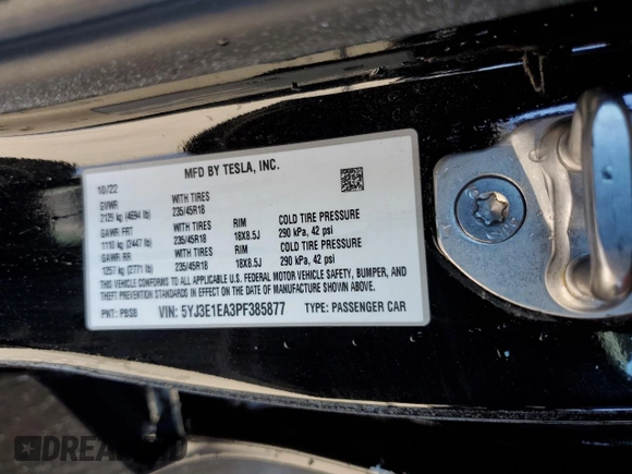 2023 Tesla Model 3 z VIN 5YJ3E1EA3PF385877, wystawiony jako Copart lot #54708335 z przebiegiem 20 902 mil mil oraz Szkoda całkowita • Salvage title. Historia ofert i sprzedaży dostępna na DreamBid. Obrazek 12.
