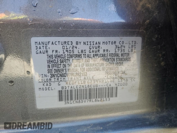 2024 Nissan Versa S with VIN 3N1CN8DV7RL862153, listed as a Copart auction lot 46821475 with 20,950 mi miles and Non Repairable. Bid and sale history available at DreamBid. Image 12.