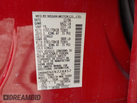2007 Nissan Titan SE with VIN 1N6BA07A37N224457, listed as a IAAI auction lot 42281769 with 235,506 mi miles and . Bid and sale history available at DreamBid. Image 9.