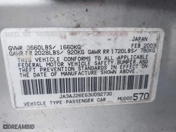 2003 Mitsubishi Lancer ES with VIN JA3AJ26E63U092730, listed as a IAAI auction lot 41506294 with 188,007 mi miles. Bid and sale history available at carsss.com. Image 9.