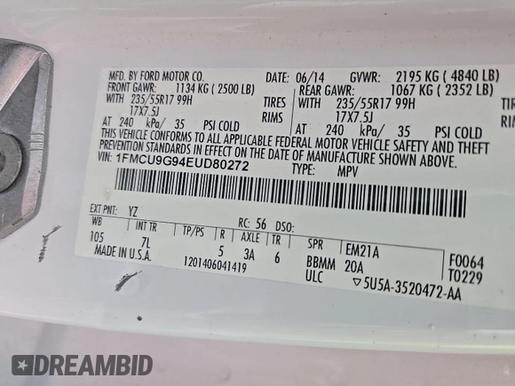 2014 Ford Escape SE with VIN 1FMCU9G94EUD80272, listed as a IAAI auction lot 42737727 with 138,226 mi miles and . Bid and sale history available at DreamBid. Image 14.