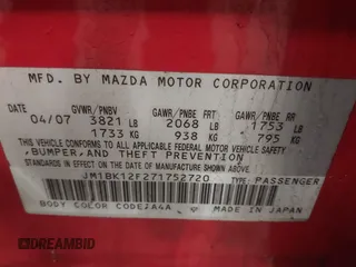 2007 Mazda 3 i Touring with VIN JM1BK12F271752720, listed as a IAAI auction lot 41862956 with 199,785 mi miles and . Bid and sale history available at DreamBid. Image 9.