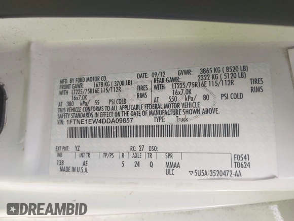 2013 Ford Econoline Cargo Commercial with VIN 1FTNE1EW4DDA09857, listed as a IAAI auction lot 41889302 with 131,059 mi miles and . Bid and sale history available at DreamBid. Image 9.