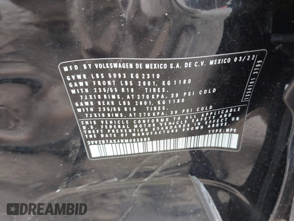 2022 Volkswagen Tiguan SE z VIN 3VV2B7AX4NM093585, wystawiony jako IAAI lot #42267105 z przebiegiem 31 239 mil mil oraz . Historia ofert i sprzedaży dostępna na DreamBid. Obrazek 9.