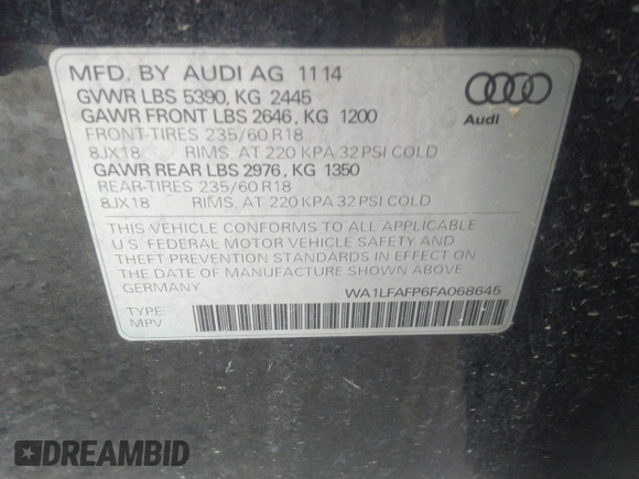 2015 Audi Q5 Premium Plus with VIN WA1LFAFP6FA068645, listed as a IAAI auction lot 38813892 with 1 mi miles. Bid and sale history available at carsss.com. Image 9.