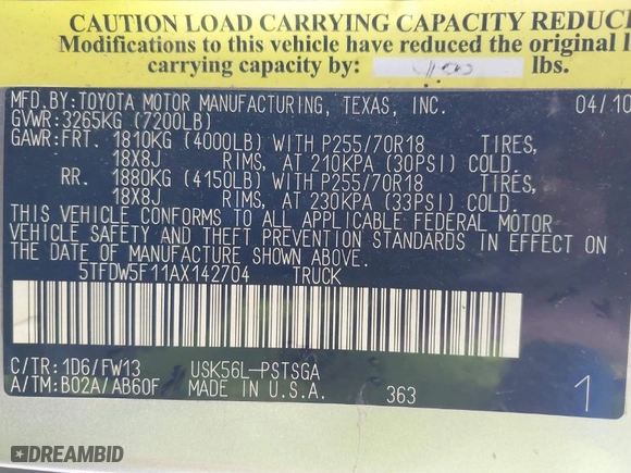 2010 Toyota Tundra 4WD Truck with VIN 5TFDW5F11AX142704, listed as a IAAI auction lot 41230112 with 201,697 mi miles. Bid and sale history available at carsss.com. Image 9.