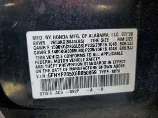 2006 Honda Pilot EX-L with VIN 5FNYF285X6B050069, listed as a Copart auction lot 53162495 with 274,271 mi miles and Salvage Title. Bid and sale history available at DreamBid. Image 13.
