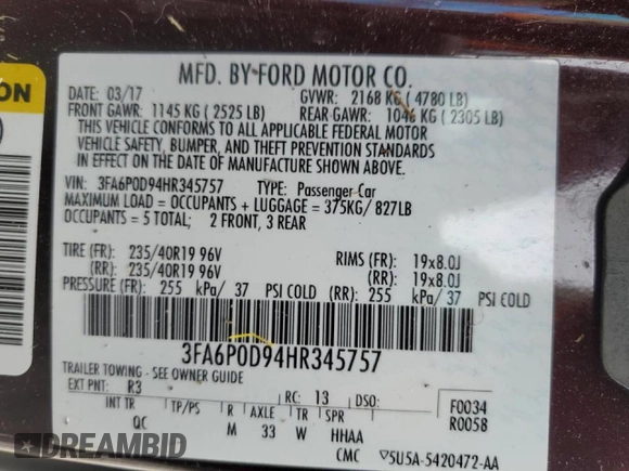 2017 Ford Fusion Titanium with VIN 3FA6P0D94HR345757, listed as a Copart auction lot 48789625 with 83,239 mi miles and Salvage title. Bid and sale history available at DreamBid. Image 14.