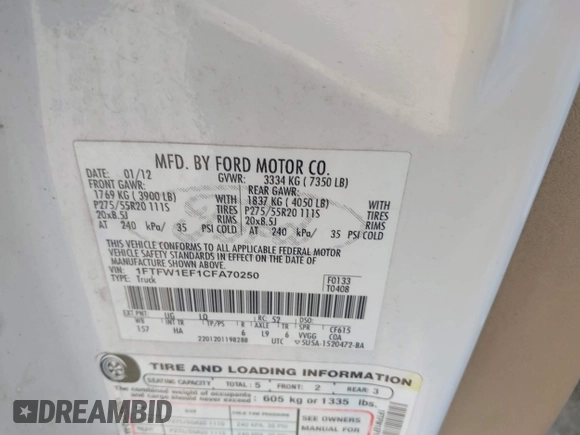 2012 Ford F-150 XL with VIN 1FTFW1EF1CFA70250, listed as a IAAI auction lot 42312585 with 334,089 mi miles and . Bid and sale history available at DreamBid. Image 9.