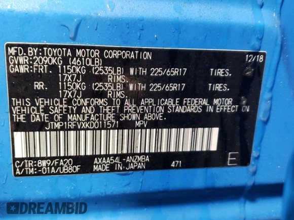 2019 Toyota RAV4 XLE with VIN JTMP1RFVXKD011571, listed as a Copart auction lot 89066895 with 81,955 mi miles and Salvage Title. Bid and sale history available at DreamBid. Image 13.