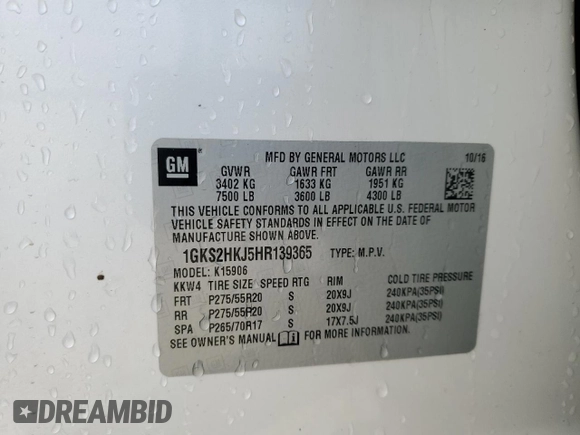 2017 GMC Yukon XL Denali with VIN 1GKS2HKJ5HR139365, listed as a Copart auction lot 52140725 with 135,079 mi miles and Salvage Title. Bid and sale history available at carsss.com. Image 14.