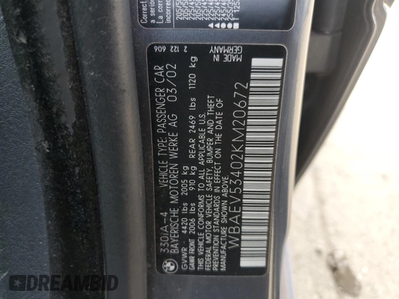 2002 BMW 3 Series 330i with VIN WBAEV53402KM20672, listed as a Copart auction lot 47172975 with 129,657 mi miles and Clean Title. Bid and sale history available at carsss.com. Image 12.