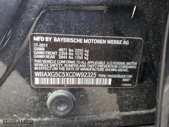 2012 BMW 5 Series 528i with VIN WBAXG5C5XCDW92325, listed as a Copart auction lot 51103825 with 109,854 mi miles and Salvage Title. Bid and sale history available at carsss.com. Image 12.