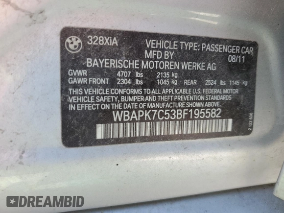 2011 BMW 3 Series 328i xDrive with VIN WBAPK7C53BF195582, listed as a Copart auction lot 46494724 with 140,280 mi miles and Salvage Title. Bid and sale history available at carsss.com. Image 12.