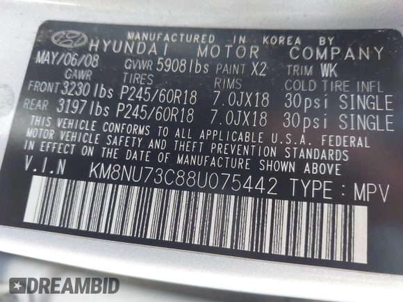 2008 Hyundai Veracruz GLS z VIN KM8NU73C88U075442, wystawiony jako IAAI lot #42058261 z przebiegiem 284 678 mil mil oraz . Historia ofert i sprzedaży dostępna na DreamBid. Obrazek 9.