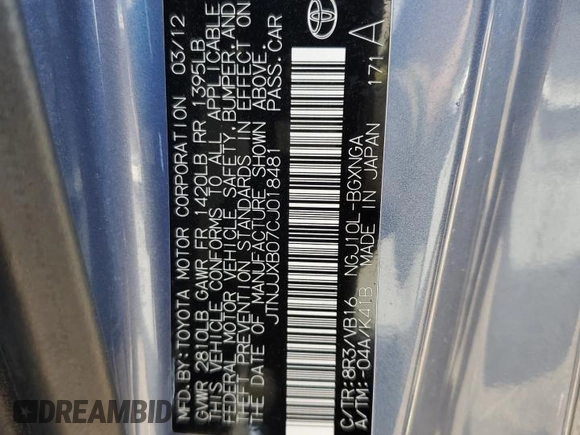 2012 Scion iQ z VIN JTNJJXB07CJ018481, wystawiony jako Copart lot #54014265 z przebiegiem 54 331 mil mil oraz Szkoda całkowita • Salvage title. Historia ofert i sprzedaży dostępna na DreamBid. Obrazek 12.