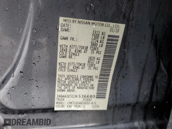 2018 Nissan Titan Pro-4X z VIN 1N6AA1E51JN536680, wystawiony jako Copart lot #82361724 z przebiegiem 98 699 mil mil oraz Szkoda całkowita • Salvage title. Historia ofert i sprzedaży dostępna na DreamBid. Obrazek 12.
