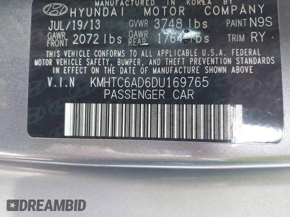 2013 Hyundai Veloster w/Black Int with VIN KMHTC6AD6DU169765, listed as a IAAI auction lot 41928516 with 130,708 mi miles and . Bid and sale history available at DreamBid. Image 9.