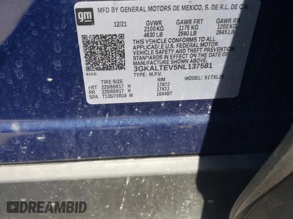 2022 GMC Terrain SLE с VIN 3GKALTEV5NL137581, выставлен на аукционе Copart как лот 52152415 с пробегом 45 032 миль миль и Списание • Salvage title. История ставок и продаж доступна на DreamBid. Изображение 13.