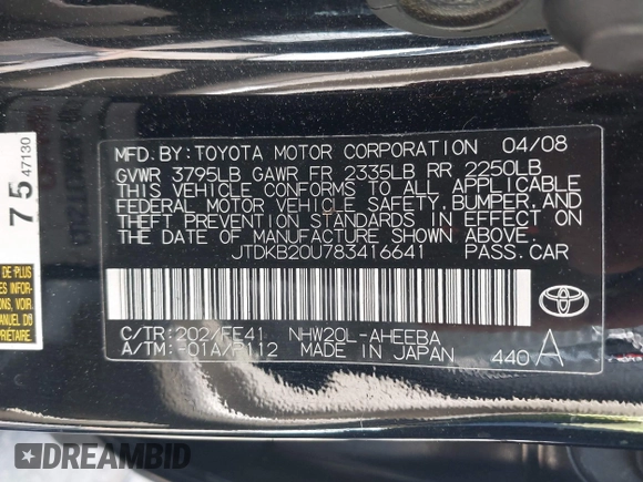 2008 Toyota Prius with VIN JTDKB20U783416641, listed as a IAAI auction lot 42030743 with 232,181 mi miles. Bid and sale history available at carsss.com. Image 9.