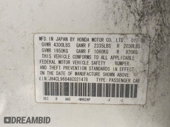 2008 Acura TSX z VIN JH4CL96848C021478, wystawiony jako IAAI lot #42141619 z przebiegiem 227 055 mil mil oraz . Historia ofert i sprzedaży dostępna na DreamBid. Obrazek 9.