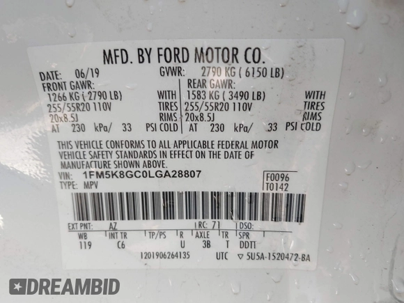 2020 Ford Explorer ST with VIN 1FM5K8GC0LGA28807, listed as a IAAI auction lot 41214396 with 76,367 mi miles. Bid and sale history available at carsss.com. Image 9.