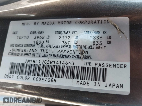 2011 Mazda Mazda3 i Touring with VIN JM1BL1VG5B1414643, listed as a IAAI auction lot 41994177 with 171,739 mi miles. Bid and sale history available at carsss.com. Image 9.