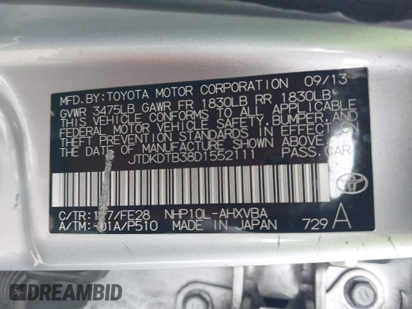 2013 Toyota Prius One with VIN JTDKDTB38D1552111, listed as a IAAI auction lot 41884696 with 151,987 mi miles. Bid and sale history available at carsss.com. Image 9.