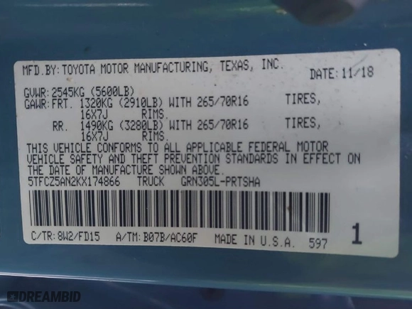 2019 Toyota Tacoma 4WD SR with VIN 5TFCZ5AN2KX174866, listed as a IAAI auction lot 41481133 with 34,773 mi miles. Bid and sale history available at carsss.com. Image 9.