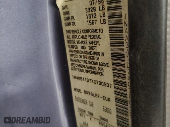 1999 Nissan Sentra XE with VIN 1N4AB41D7XC700507, listed as a Copart auction lot 44410765 with 91,655 mi miles and Salvage title. Bid and sale history available at DreamBid. Image 12.