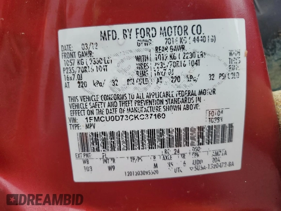 2012 Ford Escape XLT with VIN 1FMCU0D73CKC37160, listed as a Copart auction lot 54443864 with 160,488 mi miles and Salvage Title. Bid and sale history available at carsss.com. Image 13.